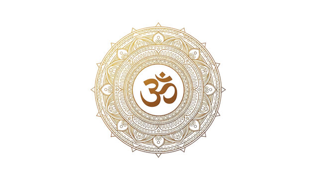 Elegant golden Om symbol at the center of a detailed circular spiritual mandala on white background