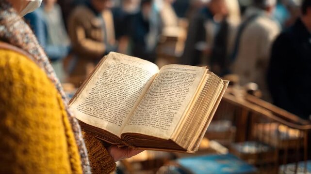 Individual holding an open vintage book in a bustling market, showcasing pages filled with text, camera gradually zooms in to emphasize details and ambiance of the scene