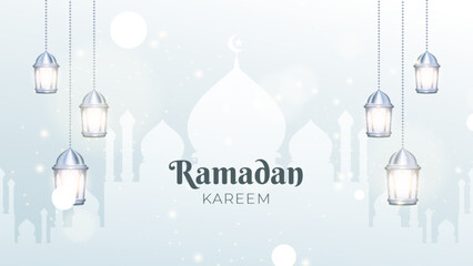 Luxury Ramadan Kareem on a white background. 3D Arabian decorations, mosque silhouette, and hanging lanterns. Traditional Islamic celebration greeting card banner, religious festive poster