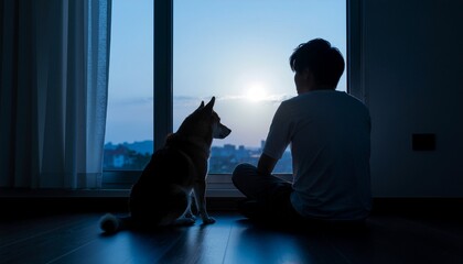 窓辺で犬と静かな時間を過ごす人物とコピースペース  
Person sitting with a dog by the window with copy space
