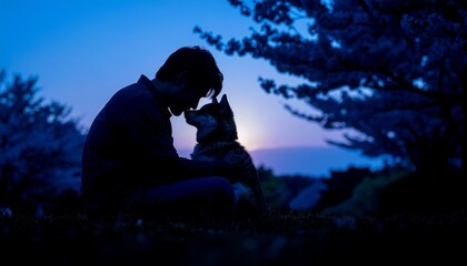 桜の下で犬を抱く人物とコピースペース  
Person holding a dog under cherry blossoms with copy space
