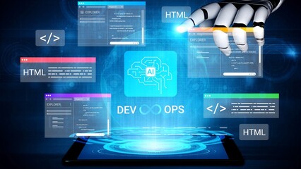 Futuristic Robotic Hand Interacting with Digital Interfaces Symbolizing DevOps, AI, and Web Development Technologies in a Modern Workspace Gluon.
