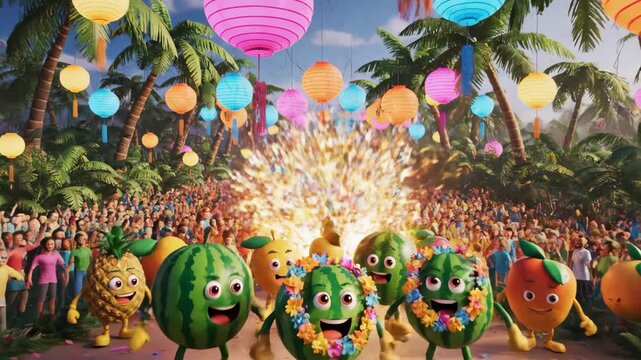 Anthropomorphic fruit characters, rendered in a vibrant 3d style, are celebrating joyfully under colorful paper lanterns at a tropical festival with a large crowd.