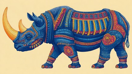Rhinoceros Decorated with Intricate Blue and Gold Patterns animal body art Photo