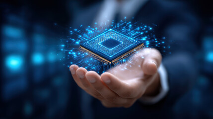 Hand holding glowing microchip with digital circuit sparks and futuristic blue light