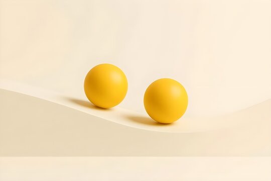 Two yellow spheres on gently curved surface, subtly rolling, minimalist clean abstract composition symbolizing partnership, teamwork, harmony, progress, and modern design
