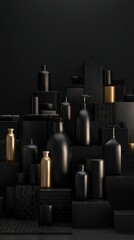 Elegant Black and Gold Bottles Displayed on Dark Pedestals.