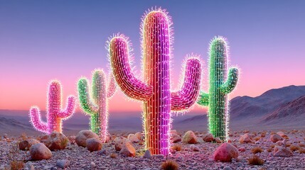 Row of Saguaro Cacti Decorated with Colorful LED Lights in a Desert at Sunset cactus Photo
