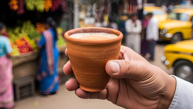 A hand holding a steaming cup of chai in a bustling Indian street market