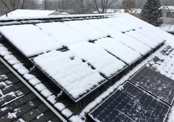 Solar panels covered in snow, winter roof, renewable energy, cold climate, photovoltaic system, winter maintenance