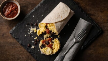 Breakfast burrito and salsa served on a slate with napkin and fork. Wooden table background