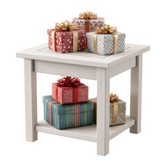 Wooden table with stacked gift boxes
