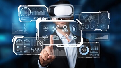A visionary business professional engages with cutting-edge virtual reality technology, manipulating interactive data visualizations in a dynamic digital workspace. Raster