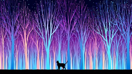 Silhouette of a Cat in a Stylized Forest with Colorful Lights ac35 stock Photo