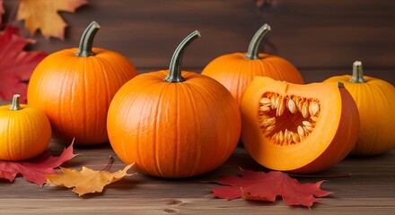 Pumpkins and autumn leaves.