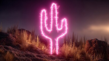 Single Saguaro Cactus Outline Illuminated by Bright Pink Neon Light in a Desert stock Photo