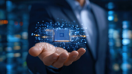 Businessman holding futuristic microchip with glowing circuit network palm, technology innovation, digital data visualization