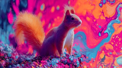 Squirrel on a Colorful Abstract Landscape with Swirling Patterns rodent animal Photo