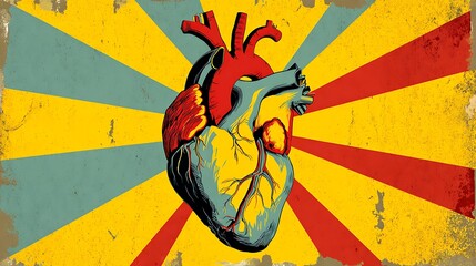 Stylized Anatomical Heart on Grunge Sunburst Photo Background anatomy human heart