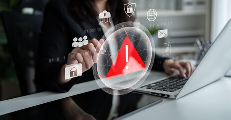 Red warning triangle representing a cybersecurity threat or data breach alert, surrounded by digital security and network protection icons, symbolizing cyber risk awareness Parse