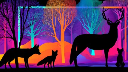 Stylized Forest Scene with Animal Silhouettes and Neon Colors 4c4b 86c3 Photo