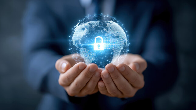 Hands holding digital globe with security lock icon, cyber security globe, data protection globe, network security - Powered by Adobe