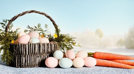 Easter basket with pastel eggs Easter basket with pastel eggs