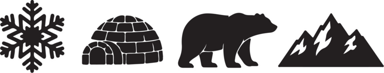 Fototapeta premium Black Silhouettes of Snowflake, Igloo, Bear, and Mountain Range also transparent background