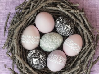Easter nest and painted eggs