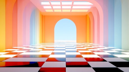 Surreal Archway Corridor with Checkerboard Floor and Pastel Walls abstract architecture Photo