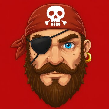 Cartoon pirate head with red bandana and eyepatch