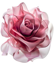 Rose crafted from layered fabric folds resembling silk or organza, couture-inspired floral design, isolated on white background. 