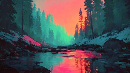 Surreal Forest Landscape with Vibrant Pink and Teal Sunset Reflections trees nature Photo