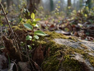 Young plant growing on forest floor