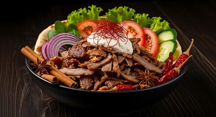 Gyros bowl with dark table.