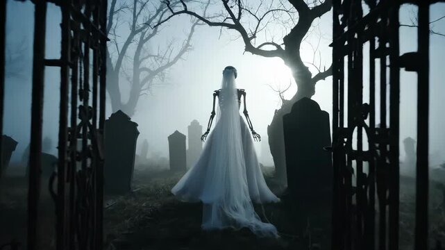 A ghostly bride is walking through a dark wrought iron gate, dramatically backlit by the moon in a mysterious, fog-covered cemetery.