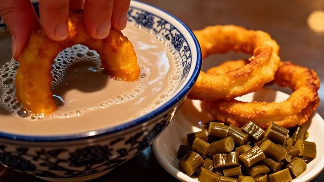 Bowl of soup with fried rings and pickles