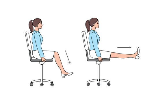 Seated leg extensions for knee and thigh health. Chair office workout. Flat vector illustration. 