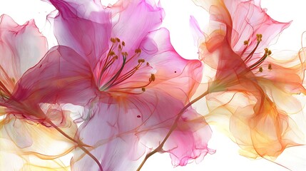 Translucent Pink and Orange Azalea Flowers with Delicate Stems on White image photo