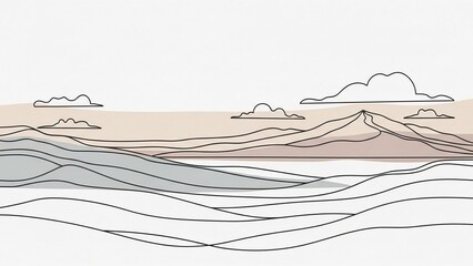 Fototapeta premium Minimalist line art landscape featuring abstract mountains, flowing hills, and soft clouds under a serene sky with subtle pastel color washes.