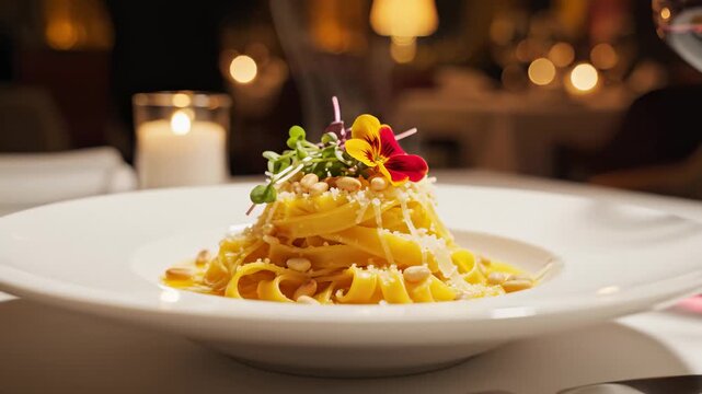 Serving Fresh Pasta With Pine Nuts and Flower Decoration in Restaurant