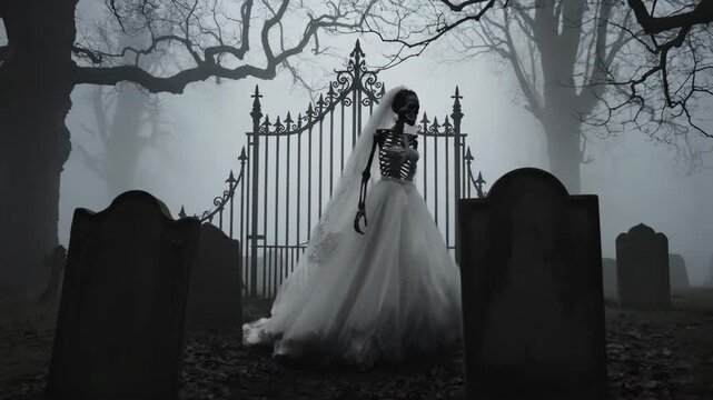 A gray, cinematic photograph captures a haunting skeleton bride standing in a white wedding dress near an ornate iron gate in a desolate, foggy cemetery.