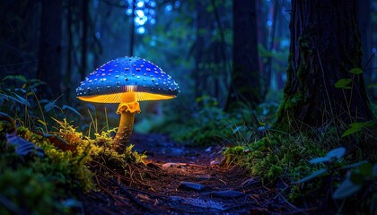 Magical glowing mushroom on a forest path at night with bioluminescent sparkles and deep blue twilight lighting illuminating the mossy trees and dark woods atmosphere