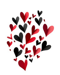 Scattered paper hearts arranged organically with slight overlap, realistic paper edges, isolated on white background. 