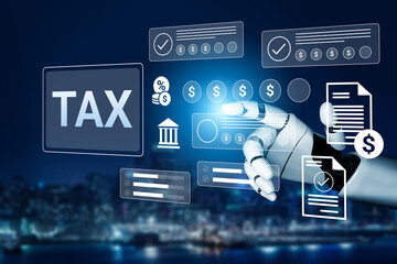 A futuristic robot hand engages with a digital tax interface, showcasing financial data and documents against a vibrant urban skyline, symbolizing innovation in finance. Gantry