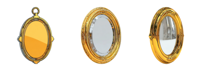 Three vintage oval mirrors with ornate golden frames isolated on transparency background, reflecting light and adding elegance to interior decor