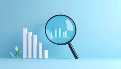 Magnifying Glass Over Bar Chart Showing Growth Trends Against Declining Bars with a Small Plant on a Light Blue Background