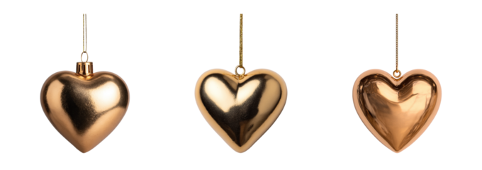 Golden heart shaped Christmas ornaments hanging on strings with shiny metallic surfaces reflecting light beautifully