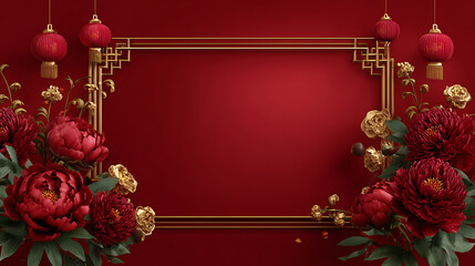Luxury chinese background with ornate red peony flower and gold floral frame festive oriental background design for celebration invitation and elegant seasonal greeting card