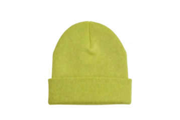 Bright yellow knit beanie hat displayed isolated on transparent background for winter fashion